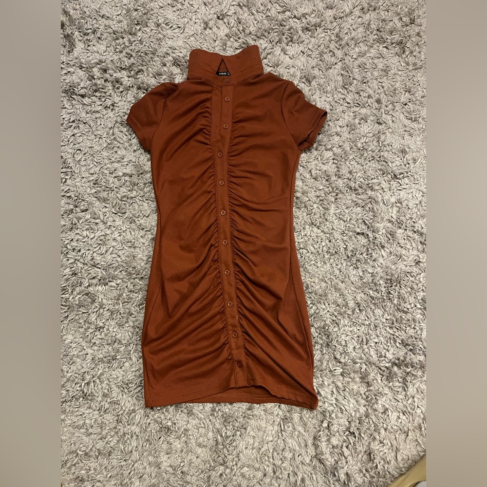 Brown Collared Bodycon Scrunch Mini Dress